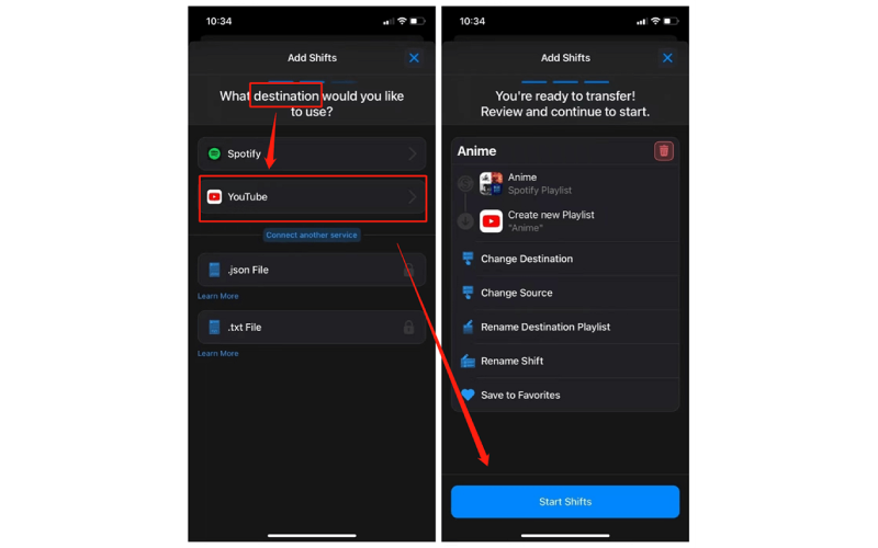 Select YouTube as Shift Destination
