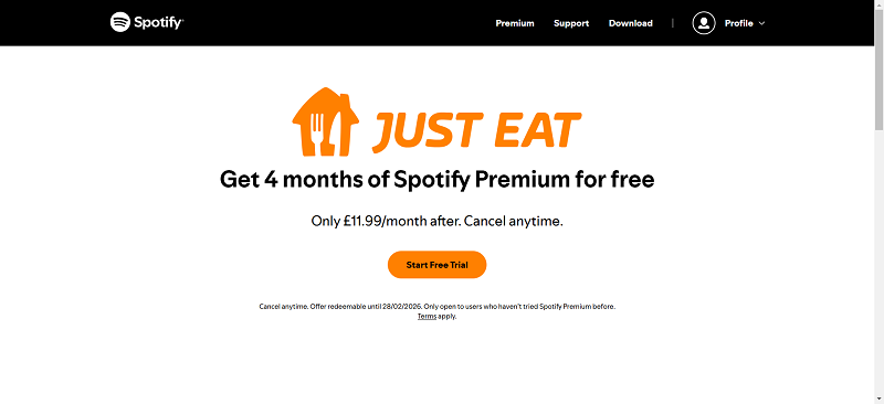 Prueba gratuita de Spotify Just Eat Premium
