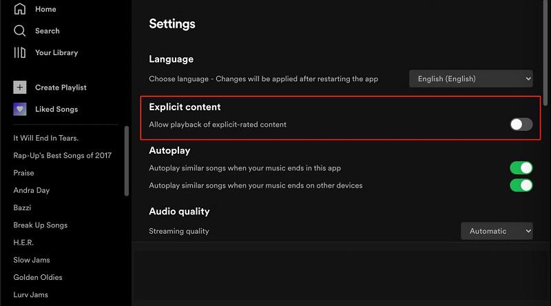 Turn Explicit Off on Spotify Desktop/Web