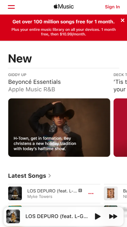 Apple Music Web Player Homepage on Windows Phone