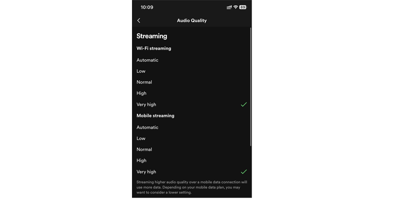 Choose Very High Spotify Streaming Quality on Mobile App