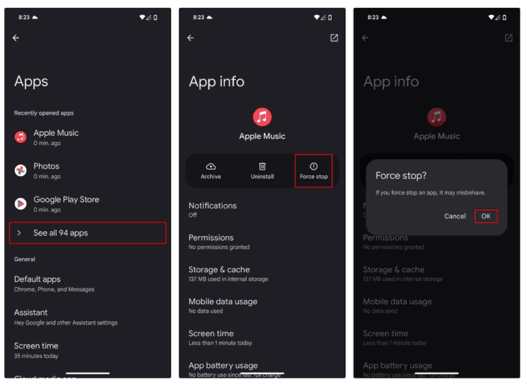 Force Stop Apple Music on Android