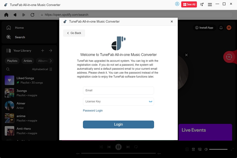 Log in to TuneFab with License Code