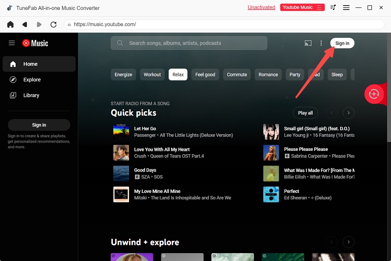 Login to YouTube Music Web Player