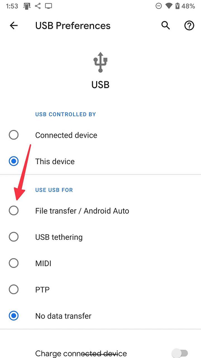 Open the Android Device Transfer Mode