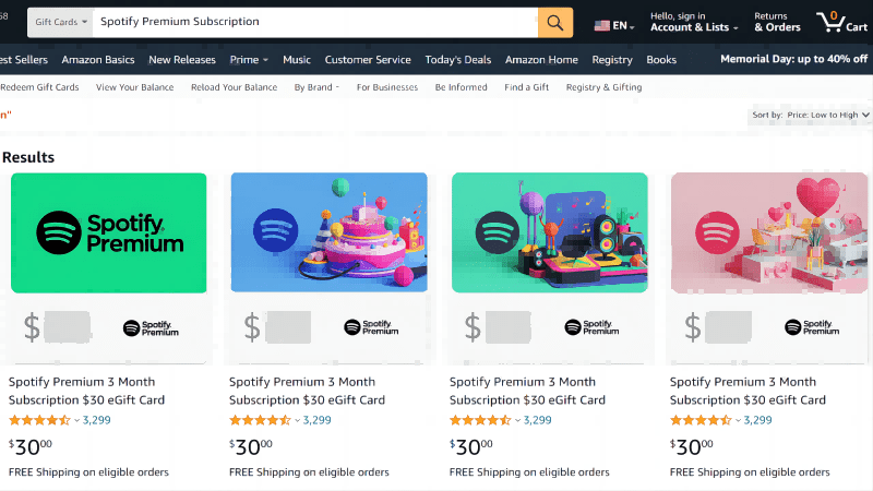 Spotify Digital Gift Card on Amazon