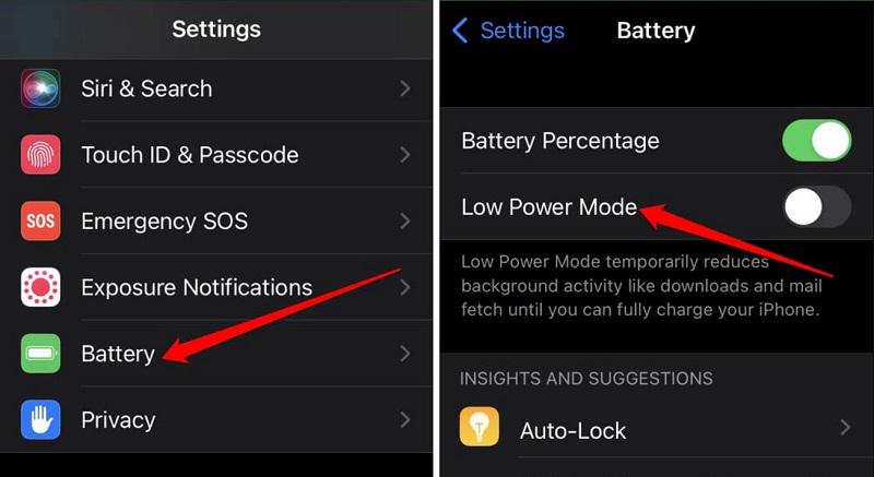 Toggle off Low Power Mode on iPhone