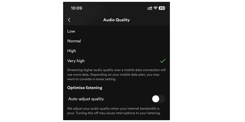 Turn off Audio Adjust Quality on Mobile App
